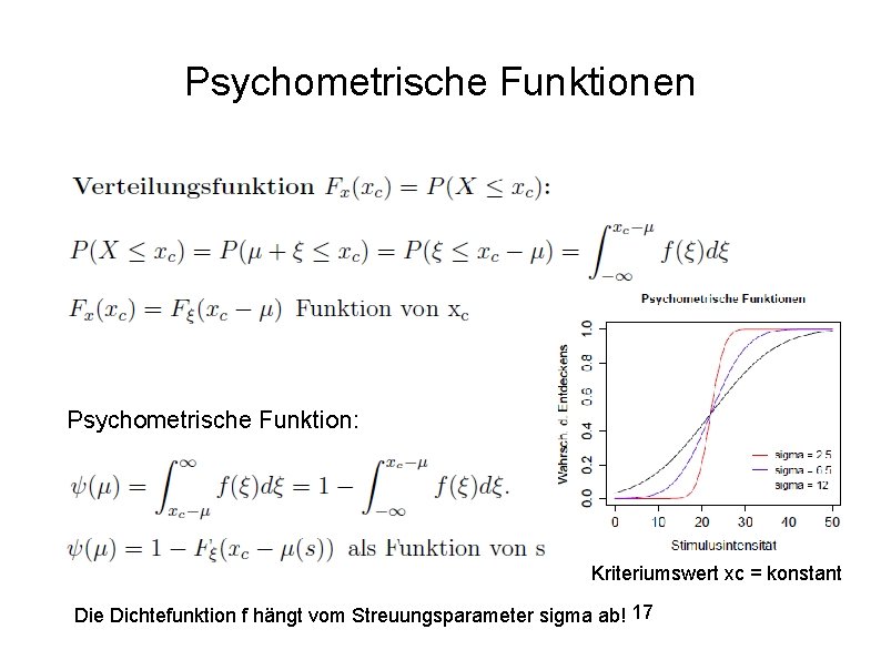 Psychometrische Funktionen Psychometrische Funktion: Kriteriumswert xc = konstant Die Dichtefunktion f hängt vom Streuungsparameter