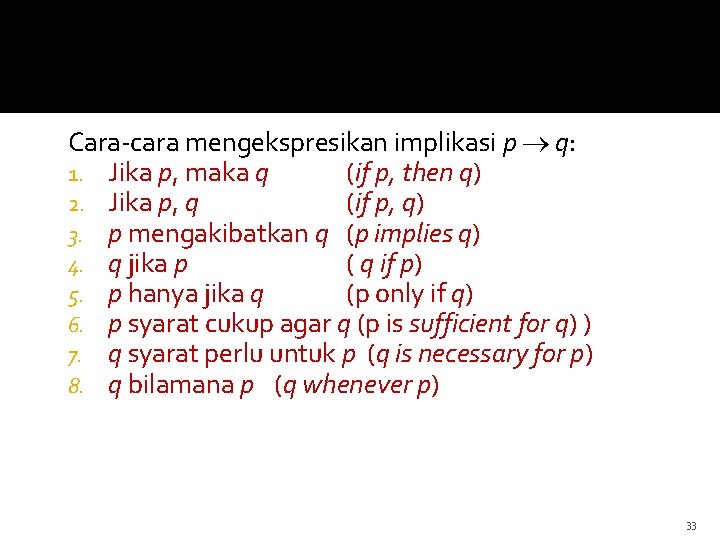 Cara-cara mengekspresikan implikasi p q: 1. Jika p, maka q (if p, then q)