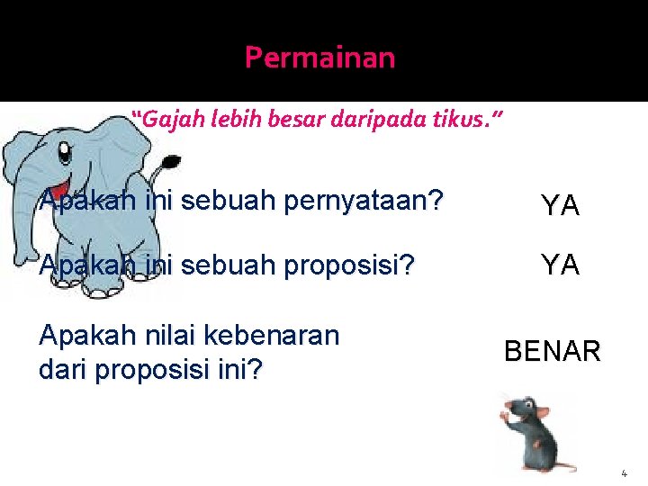 Permainan “Gajah lebih besar daripada tikus. ” Apakah ini sebuah pernyataan? YA Apakah ini