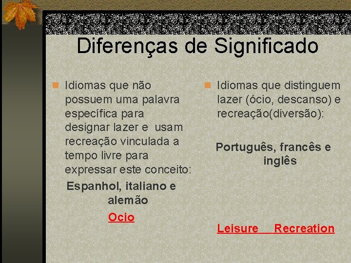 Diferenças de Significado n Idiomas que não possuem uma palavra específica para designar lazer