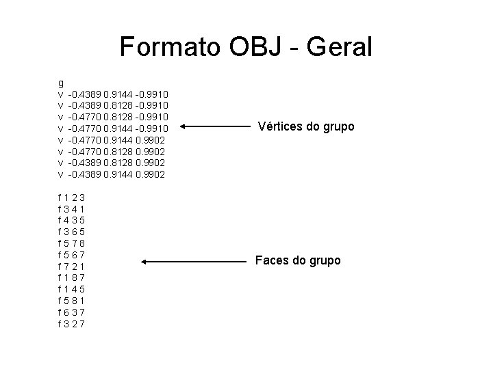 Formato OBJ - Geral g v v v v -0. 4389 0. 9144 -0.