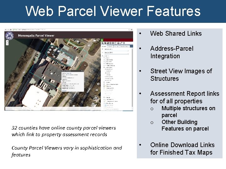 Web Parcel Viewer Features • Web Shared Links • Address-Parcel Integration • Street View