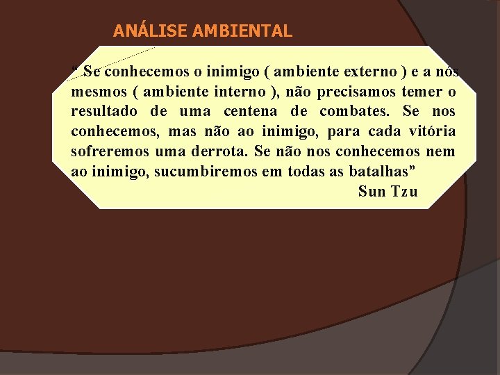 ANÁLISE AMBIENTAL “ Se conhecemos o inimigo ( ambiente externo ) e a nós