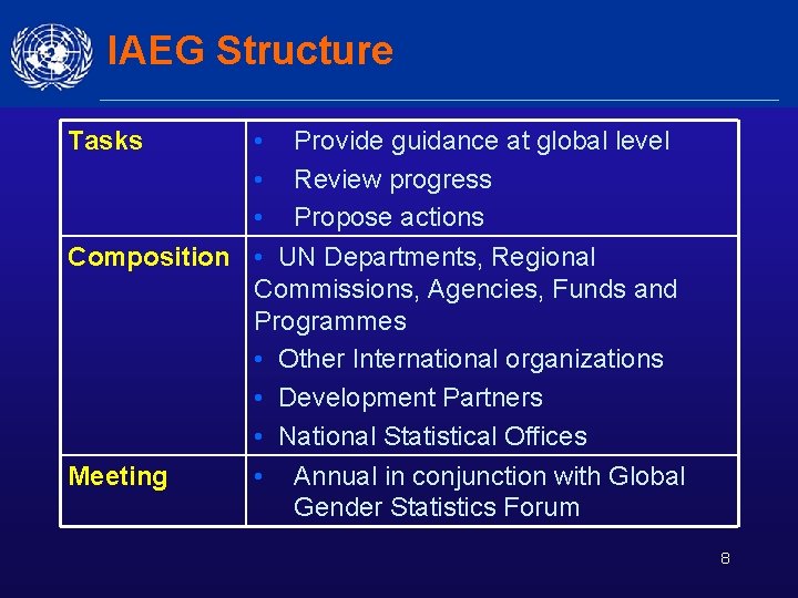 IAEG Structure • Provide guidance at global level • Review progress • Propose actions