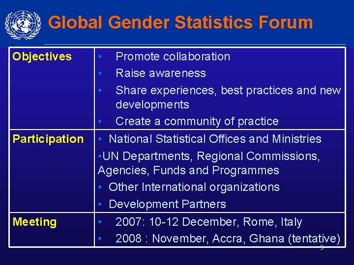 Global Gender Statistics Forum Objectives Participation Meeting • • • Promote collaboration Raise awareness