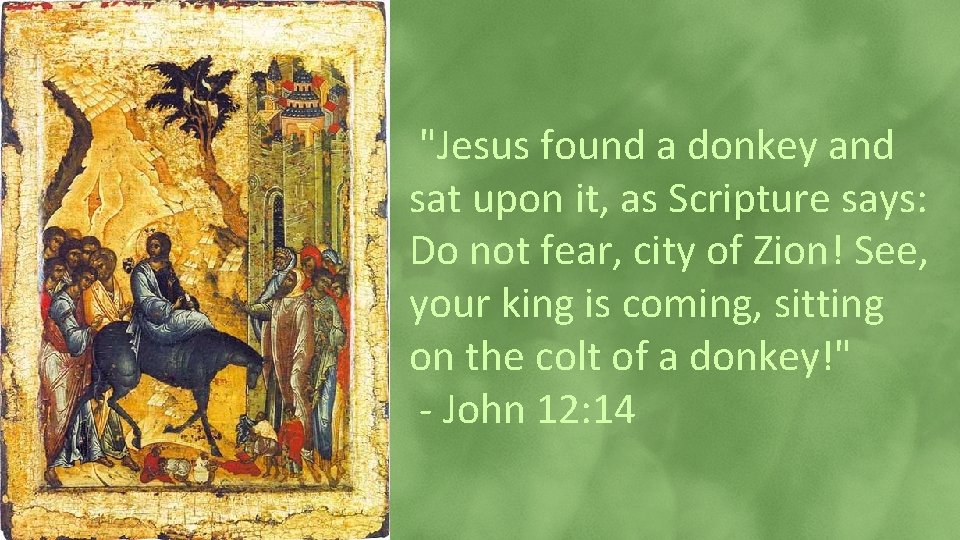 "Jesus found a donkey and sat upon it, as Scripture says: Do not fear,