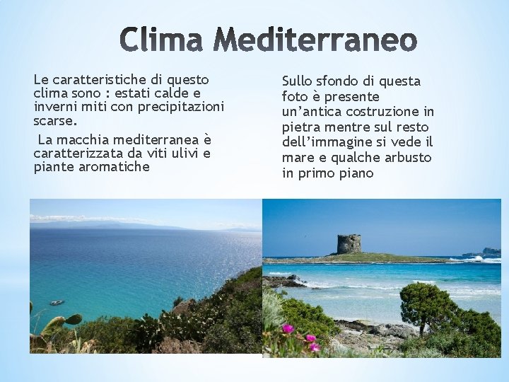 Le caratteristiche di questo clima sono : estati calde e inverni miti con precipitazioni