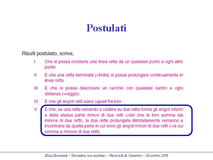 Postulati Silvia Benvenuti – Geometrie non euclidee – Università di Camerino – Dicembre 2008