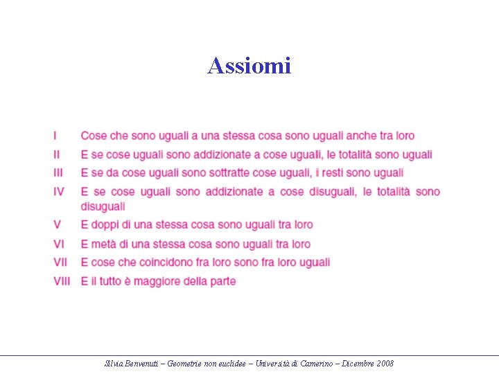 Assiomi Silvia Benvenuti – Geometrie non euclidee – Università di Camerino – Dicembre 2008