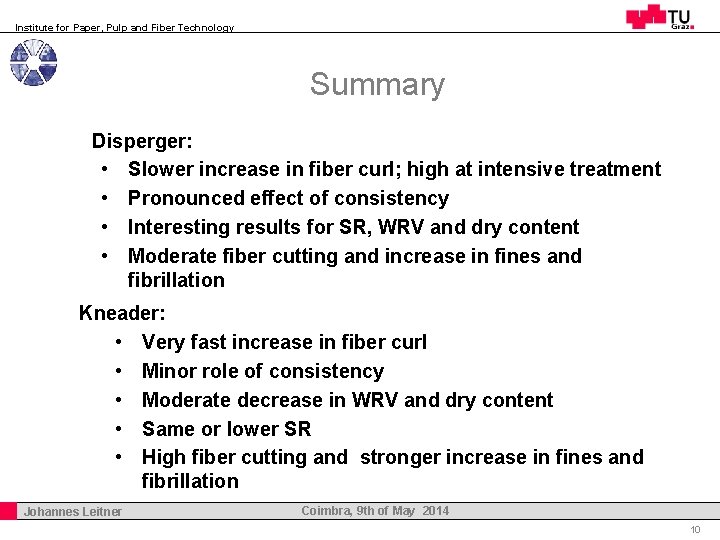 Institute for Paper, Pulp and Fiber Technology Summary Disperger: • Slower increase in fiber