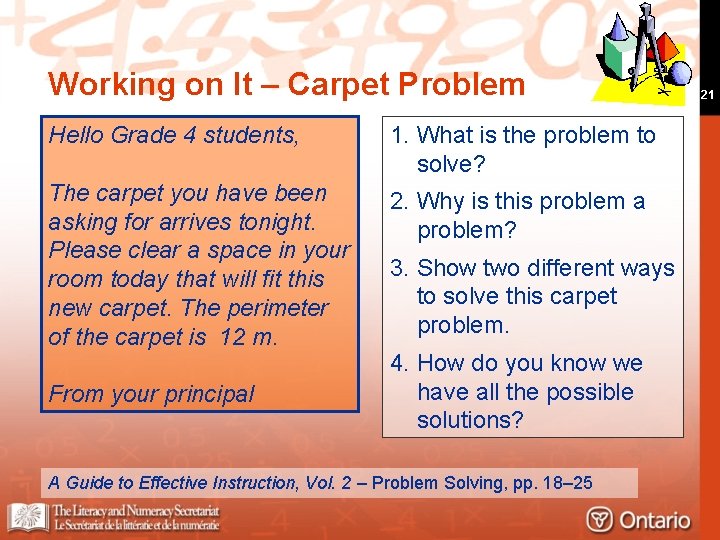 Working on It – Carpet Problem Hello Grade 4 students, 1. What is the