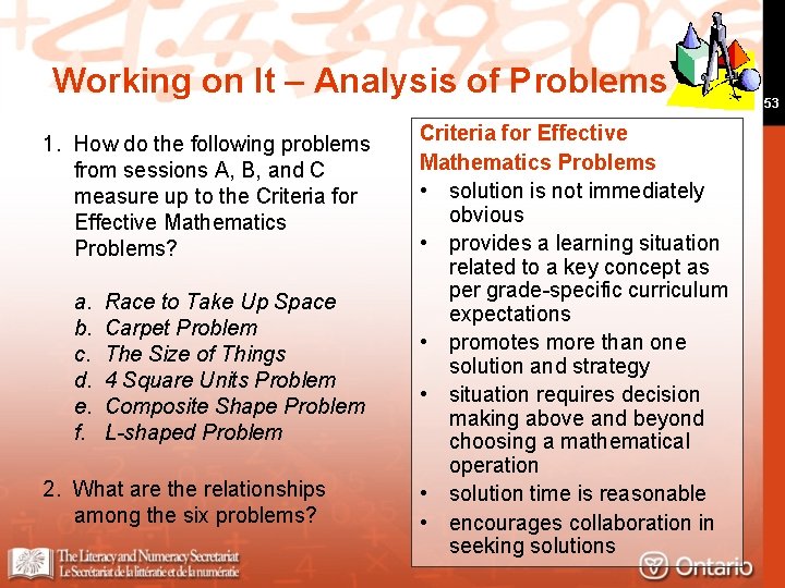 Working on It – Analysis of Problems 1. How do the following problems from