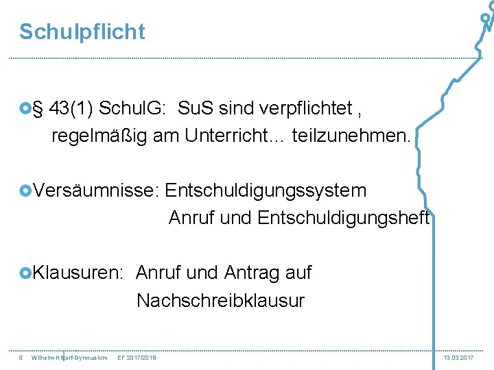 Schulpflicht § 43(1) Schul. G: Su. S sind verpflichtet , regelmäßig am Unterricht… teilzunehmen.