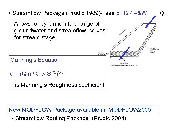  • Streamflow Package (Prudic 1989)- see p. 127 A&W Allows for dynamic interchange