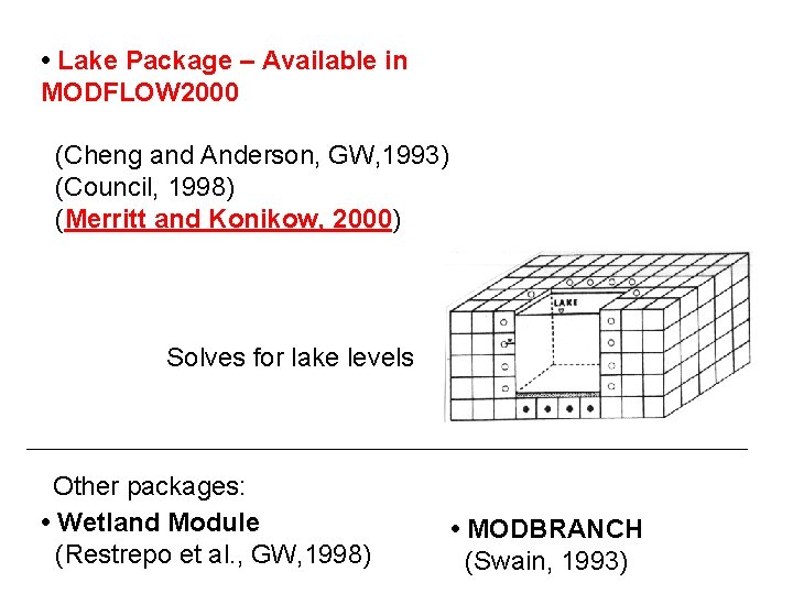  • Lake Package – Available in MODFLOW 2000 (Cheng and Anderson, GW, 1993)