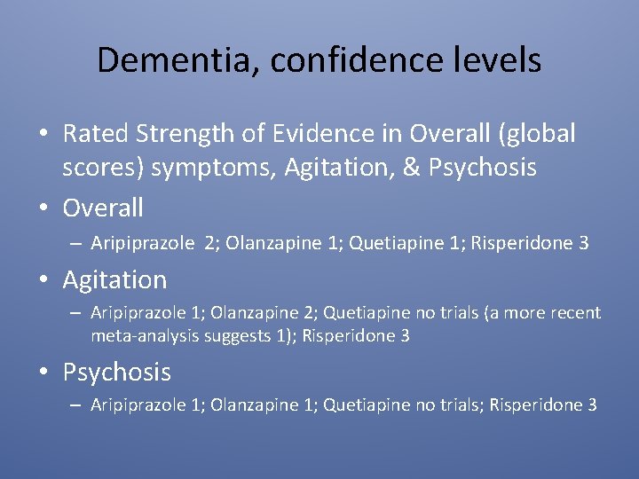 Dementia, confidence levels • Rated Strength of Evidence in Overall (global scores) symptoms, Agitation,