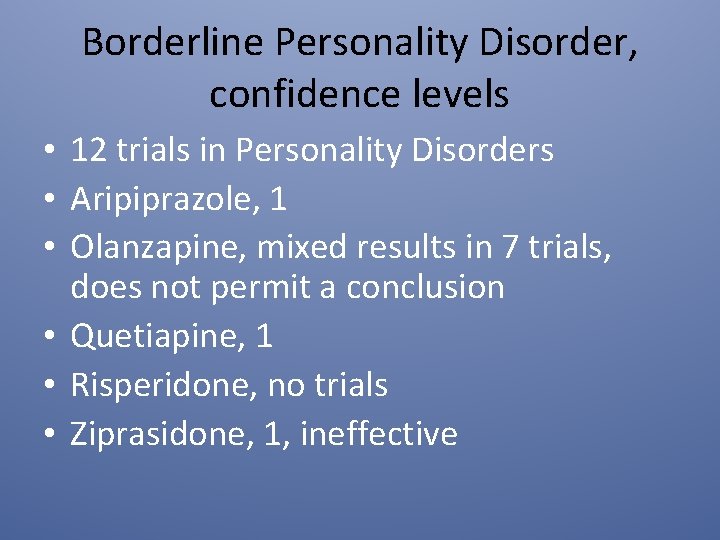 Borderline Personality Disorder, confidence levels • 12 trials in Personality Disorders • Aripiprazole, 1