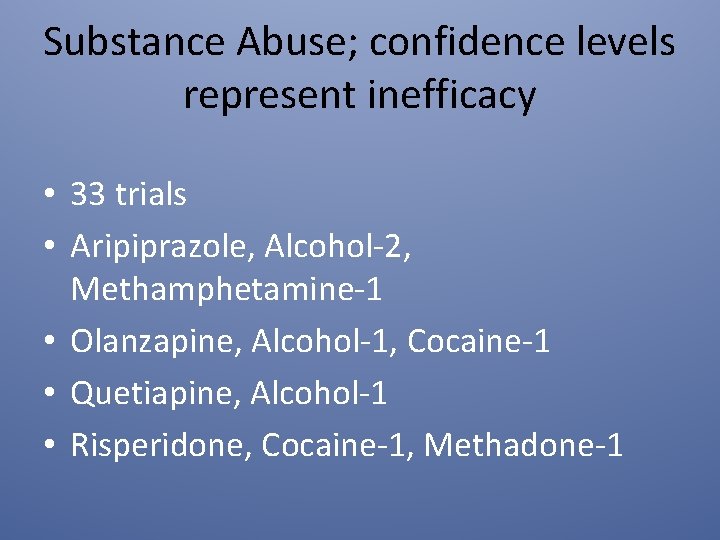 Substance Abuse; confidence levels represent inefficacy • 33 trials • Aripiprazole, Alcohol-2, Methamphetamine-1 •