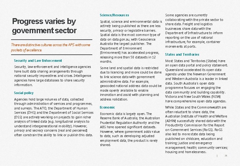 Progress varies by government sector There are distinctive cultures across the APS with some