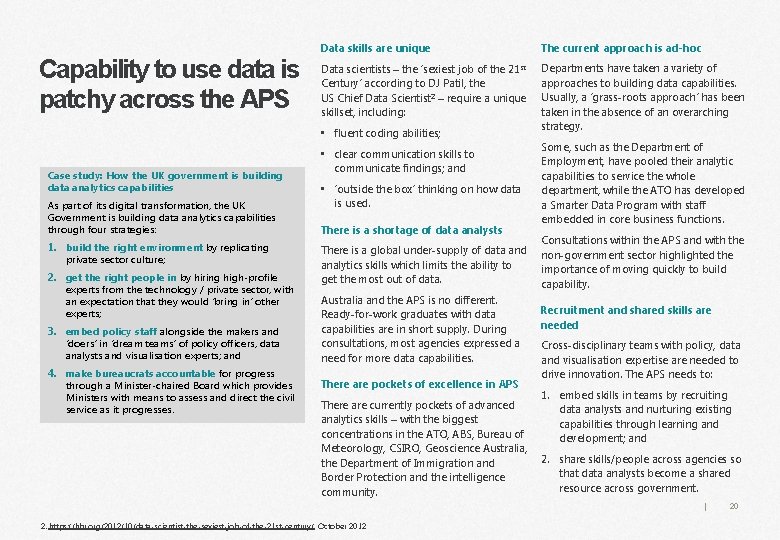 Capability to use data is patchy across the APS Data skills are unique The