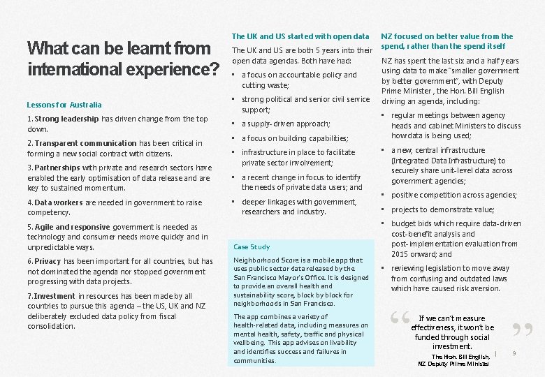 What can be learnt from international experience? Lessons for Australia 1. Strong leadership has