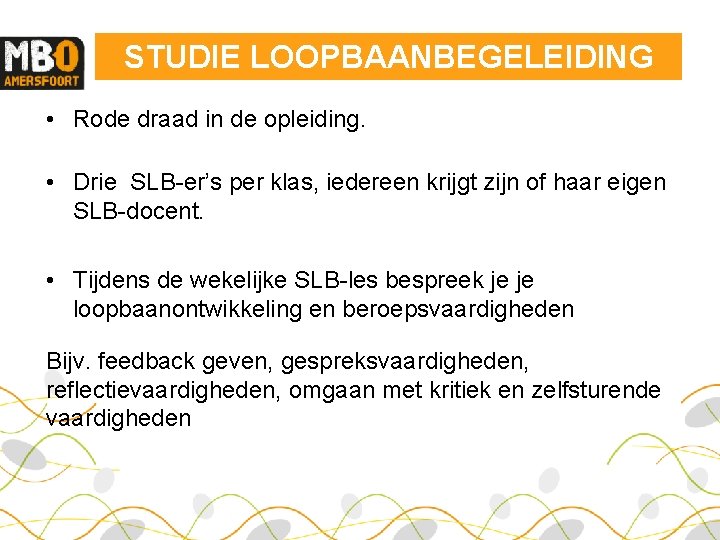 STUDIE LOOPBAANBEGELEIDING • Rode draad in de opleiding. • Drie SLB-er’s per klas, iedereen