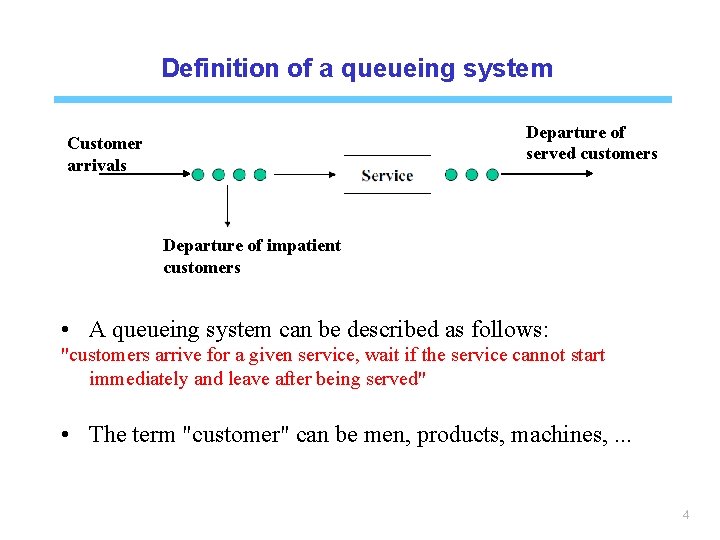 Definition of a queueing system Departure of served customers Customer arrivals Departure of impatient