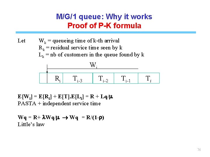 M/G/1 queue: Why it works Proof of P-K formula Let Wk = queueing time