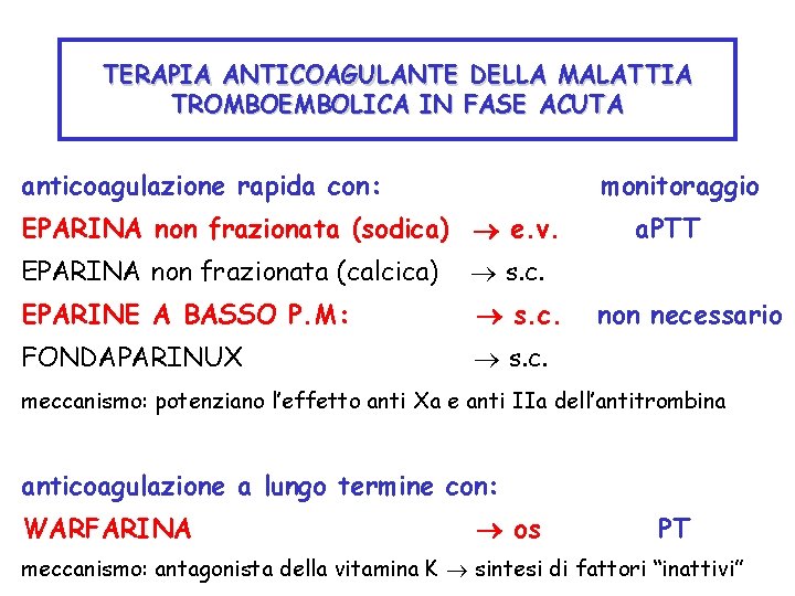 TERAPIA ANTICOAGULANTE DELLA MALATTIA TROMBOEMBOLICA IN FASE ACUTA anticoagulazione rapida con: monitoraggio EPARINA non