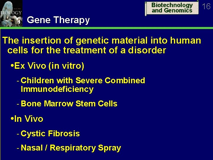 Biotechnology and Genomics Gene Therapy The insertion of genetic material into human cells for