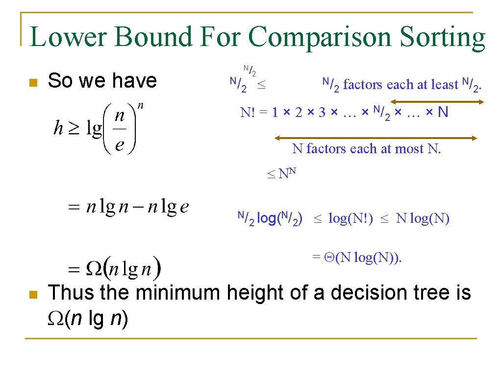 Lower Bound For Comparison Sorting n So we have N/ N/ 2 2 N/