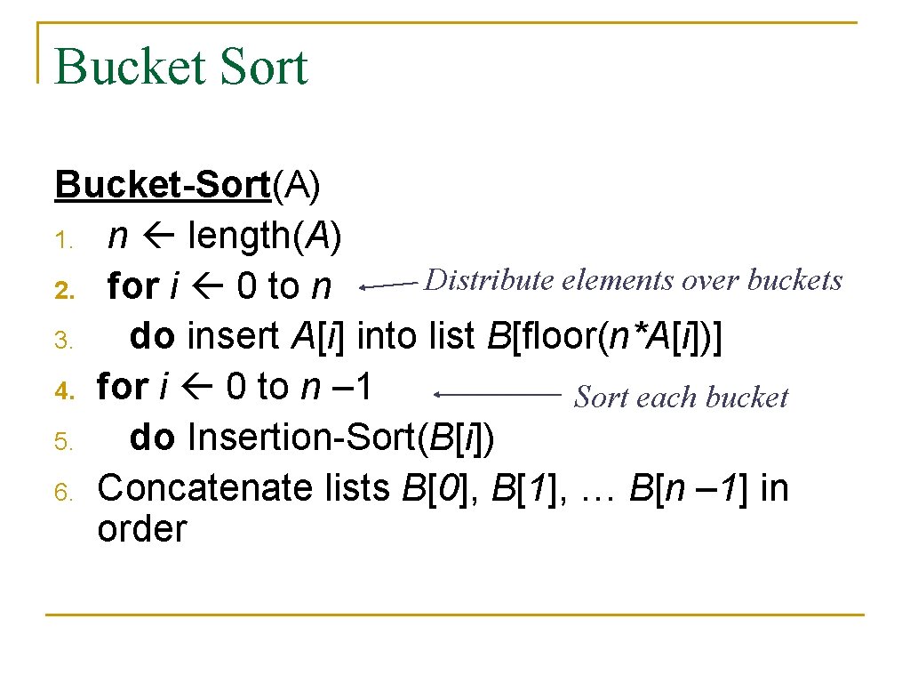 Bucket Sort Bucket-Sort(A) 1. n length(A) Distribute elements over buckets 2. for i 0