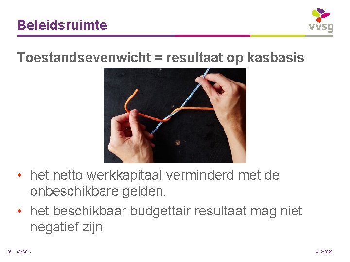 Beleidsruimte Toestandsevenwicht = resultaat op kasbasis • het netto werkkapitaal verminderd met de onbeschikbare