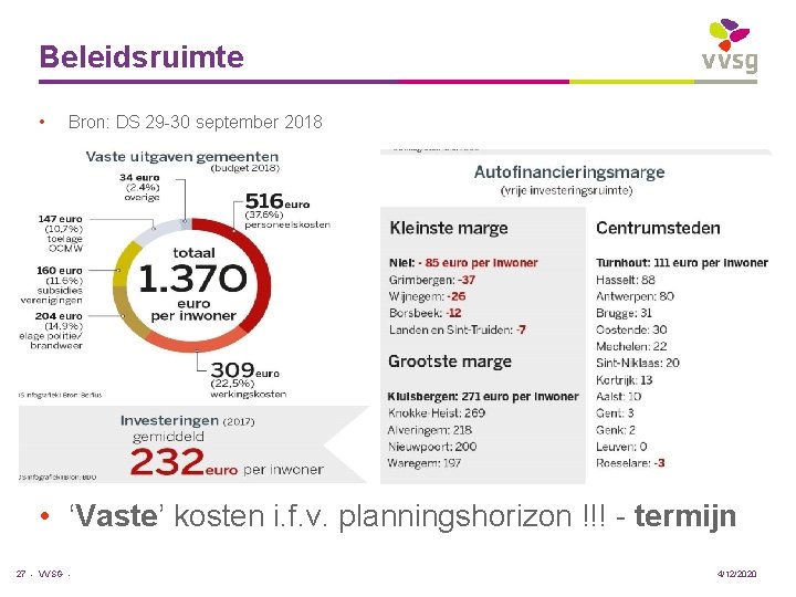 Beleidsruimte • Bron: DS 29 -30 september 2018 • ‘Vaste’ kosten i. f. v.