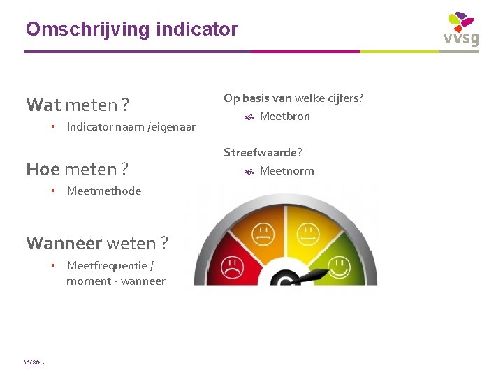 Omschrijving indicator Wat meten ? • Indicator naam /eigenaar Hoe meten ? • Meetmethode