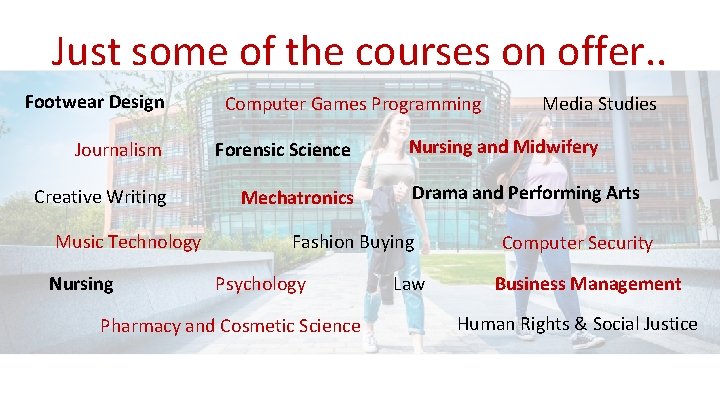 Just some of the courses on offer. . Footwear Design Computer Games Programming Journalism