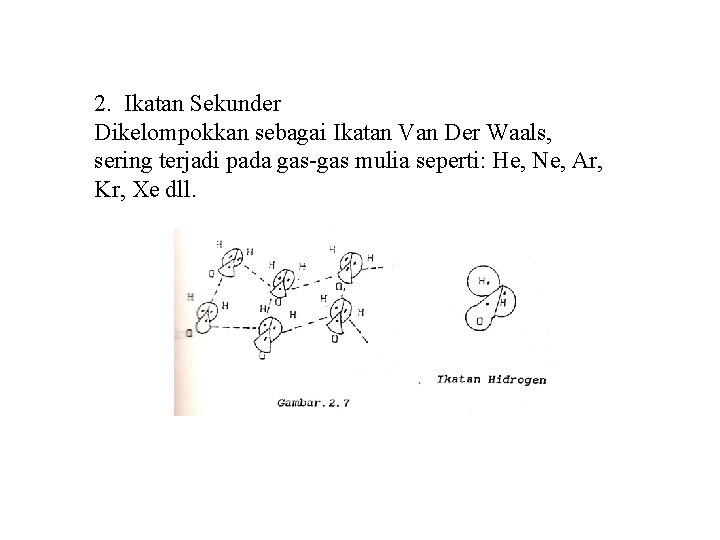 2. Ikatan Sekunder Dikelompokkan sebagai Ikatan Van Der Waals, sering terjadi pada gas-gas mulia