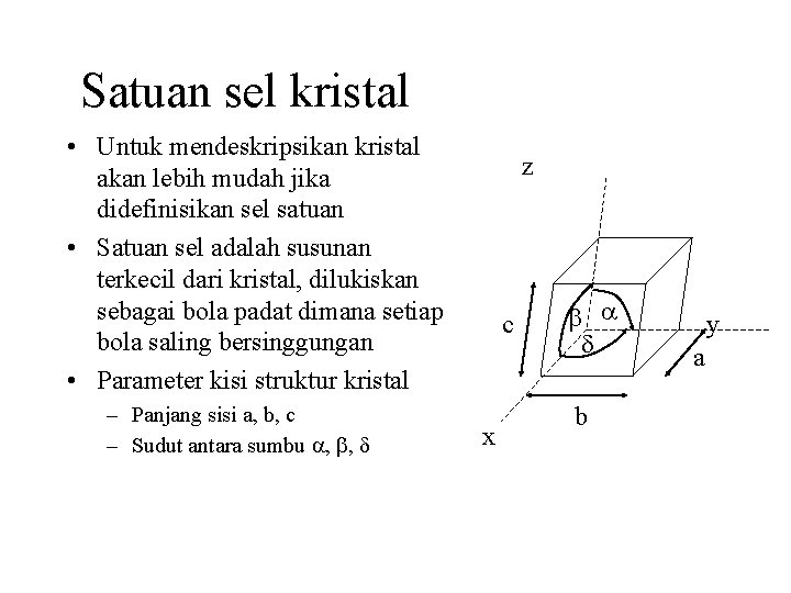 Satuan sel kristal • Untuk mendeskripsikan kristal akan lebih mudah jika didefinisikan sel satuan