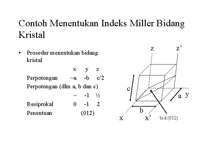 Contoh Menentukan Indeks Miller Bidang Kristal • Prosedur menentukan bidang kristal x y z