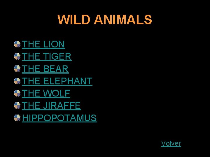 WILD ANIMALS THE LION THE TIGER THE BEAR THE ELEPHANT THE WOLF THE JIRAFFE