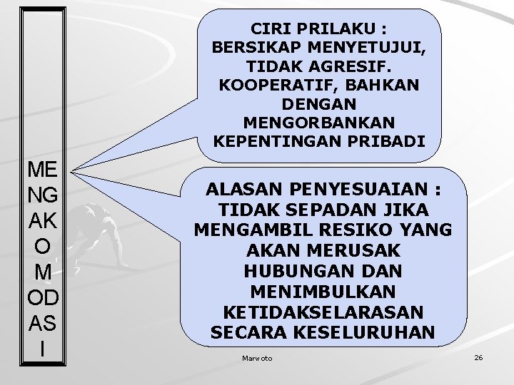 CIRI PRILAKU : BERSIKAP MENYETUJUI, TIDAK AGRESIF. KOOPERATIF, BAHKAN DENGAN MENGORBANKAN KEPENTINGAN PRIBADI ME