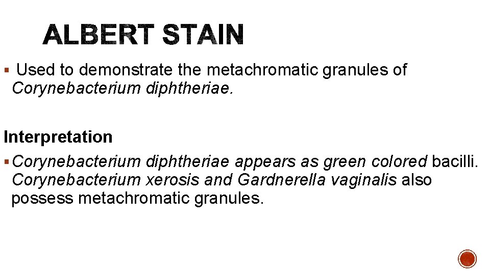 § Used to demonstrate the metachromatic granules of Corynebacterium diphtheriae. Interpretation § Corynebacterium diphtheriae