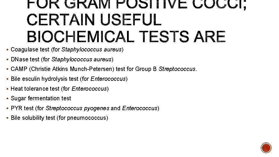 § Coagulase test (for Staphylococcus aureus) § DNase test (for Staphylococcus aureus) § CAMP