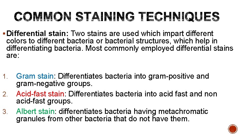 § Differential stain: Two stains are used which impart different colors to different bacteria