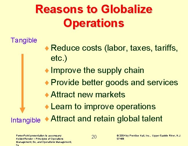 Reasons to Globalize Operations Tangible ¨ Reduce costs (labor, taxes, tariffs, etc. ) ¨