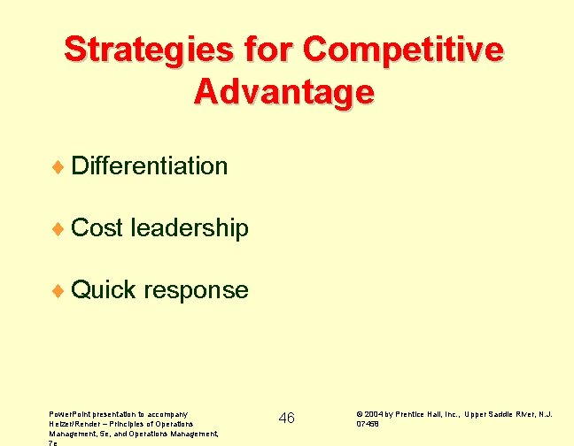 Strategies for Competitive Advantage ¨ Differentiation ¨ Cost leadership ¨ Quick response Power. Point