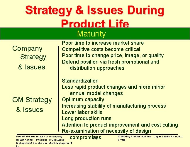 Strategy & Issues During Product Life Maturity Company Strategy & Issues Poor time to
