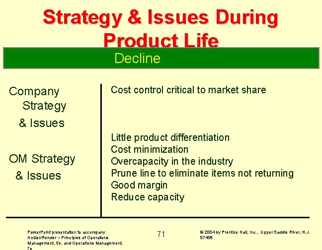 Strategy & Issues During Product Life Decline Company Strategy & Issues OM Strategy &