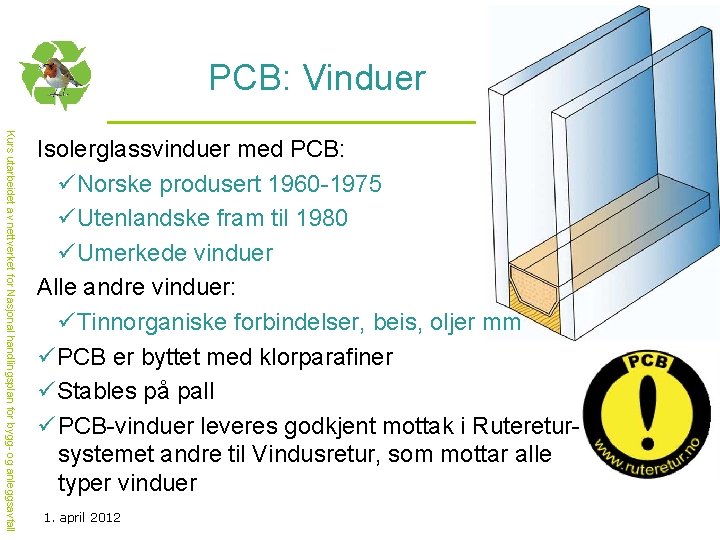 PCB: Vinduer Kurs utarbeidet av nettverket for Nasjonal handlingsplan for bygg- og anleggsavfall Isolerglassvinduer