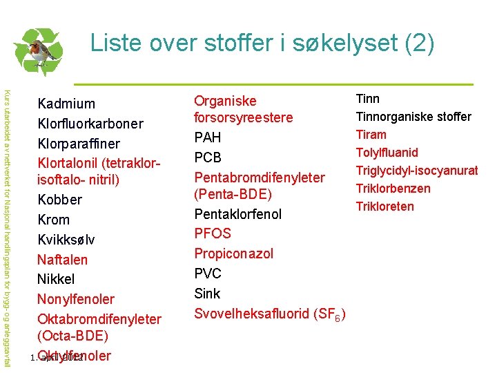 Liste over stoffer i søkelyset (2) Kurs utarbeidet av nettverket for Nasjonal handlingsplan for